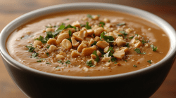 Eine Schüssel Erdnusssuppe, bestreut mit Erdnüssen und gehacktem Koriander.