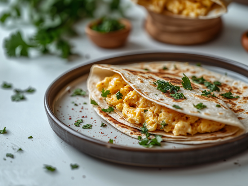 FrÃ¼hstÃ¼cks-Quesadilla mit RÃ¼hrei und KÃ¤se auf einem Teller, im Hintergrund unscharf einige Zutaten in SchÃ¼sseln.