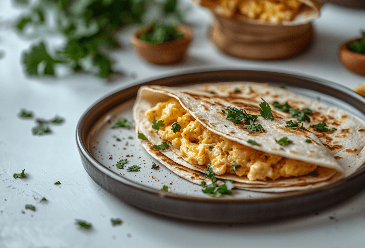 Frühstücks-Quesadilla mit Rührei und Käse auf einem Teller, im Hintergrund unscharf einige Zutaten in Schüsseln.