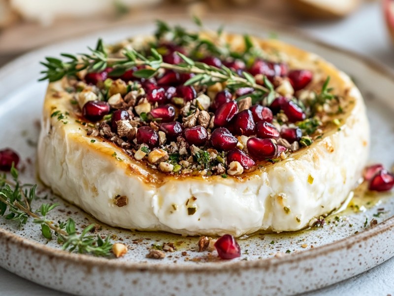 Teller mit Gebackener Camembert mit Granatapfelkernen und Pistazien