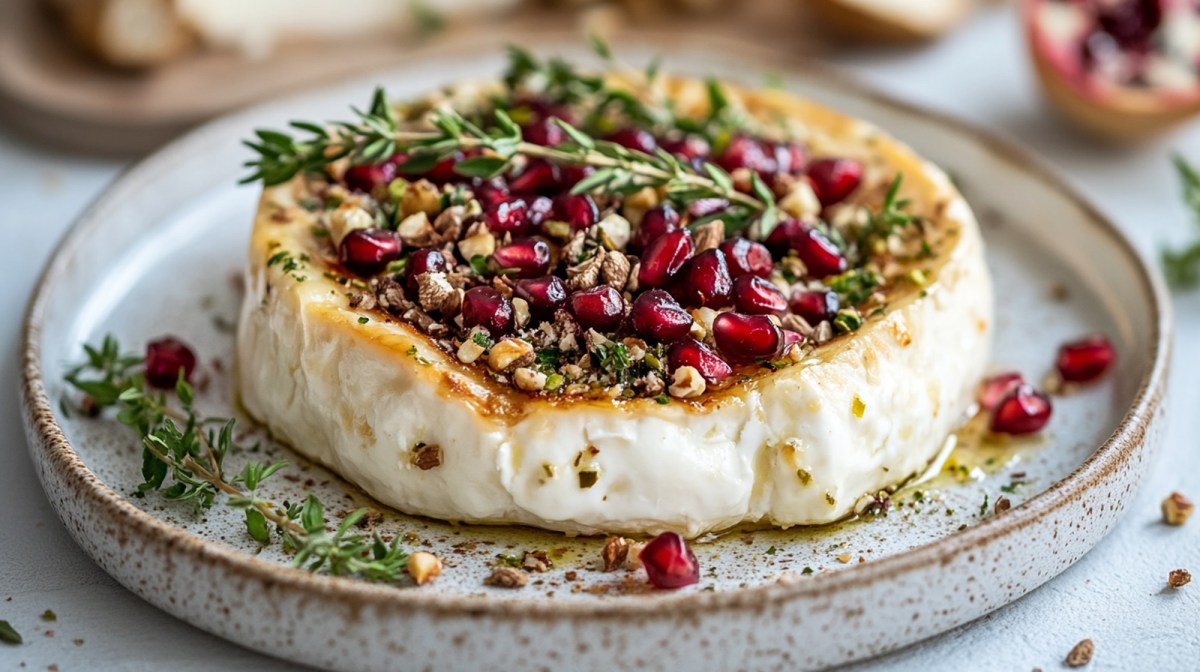 Teller mit Gebackener Camembert mit Granatapfelkernen und Pistazien