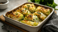 Auflaufform mit gebackenem Weißkohl mit Parmesansoße, bestreut mit Kräutern. Daneben ein Geschirrtuch.