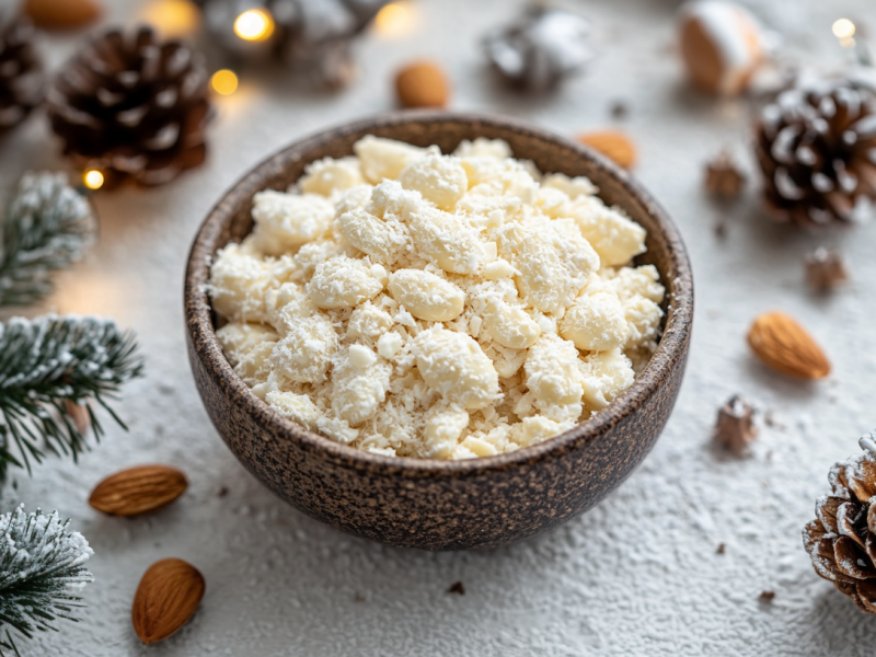 Gebrannte Raffaello-Mandeln in einer SchÃ¼ssel, die von Weihnachtsdekoartikeln umrahmt ist.