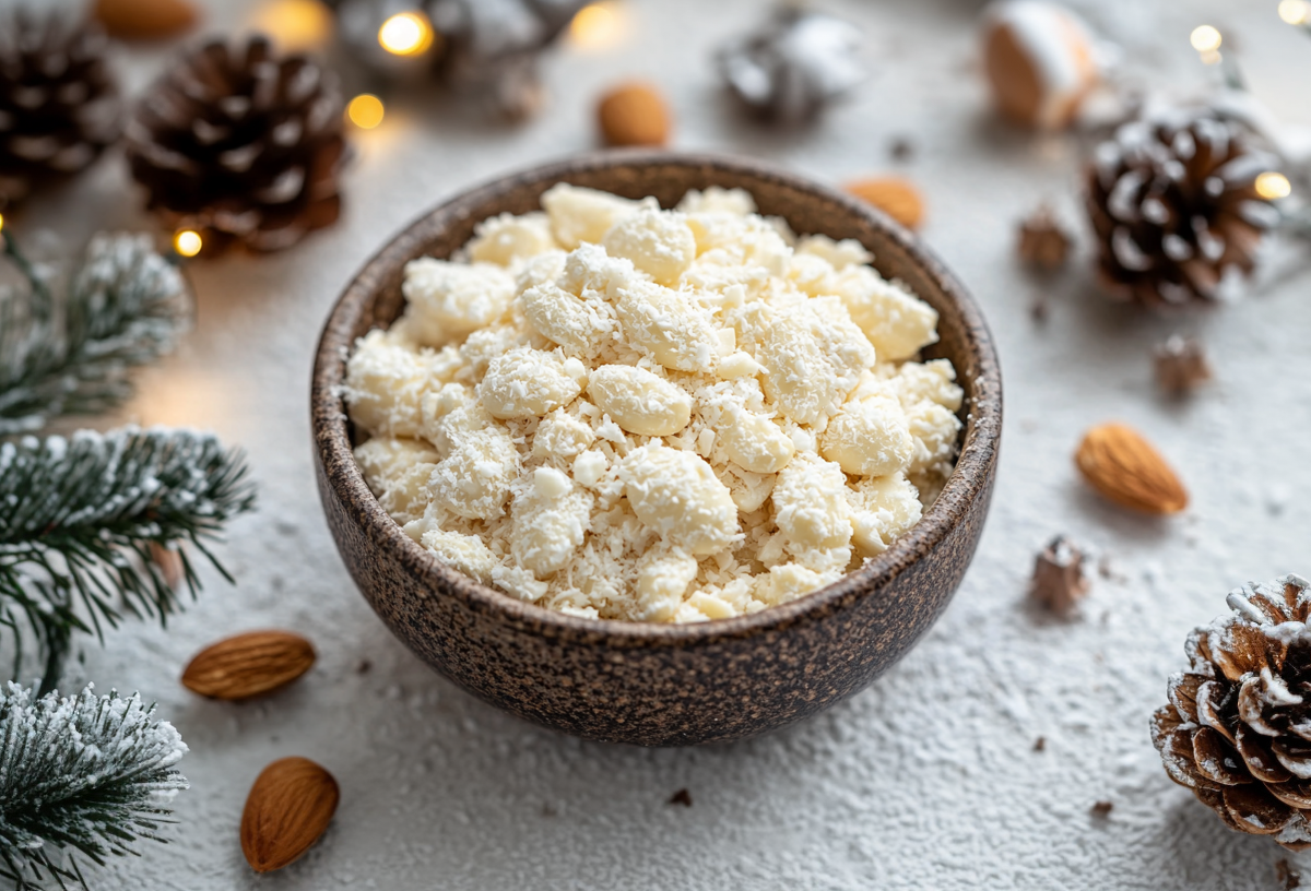 Gebrannte Raffaello-Mandeln in einer SchÃ¼ssel, die von Weihnachtsdekoartikeln umrahmt ist.