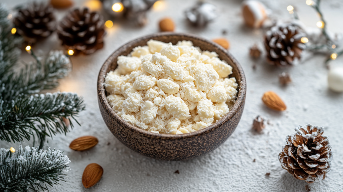 Gebrannte Raffaello-Mandeln in einer SchÃ¼ssel, die von Weihnachtsdekoartikeln umrahmt ist.