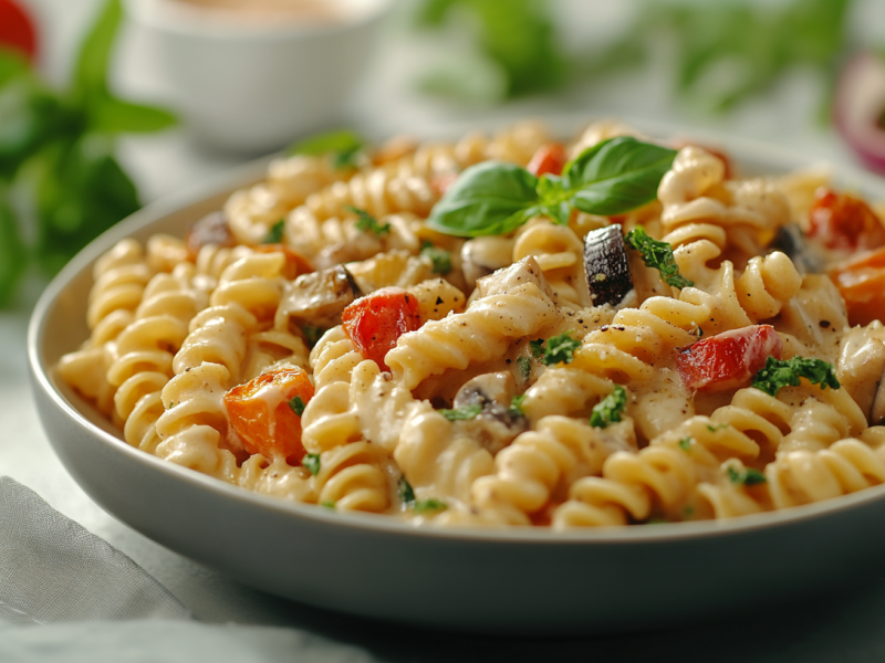 Ein Teller GemÃ¼sepasta mit Ricotta, dekoriert mit Basilikum.