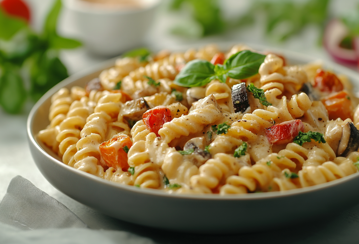 Ein Teller Gemüsepasta mit Ricotta, dekoriert mit Basilikum.