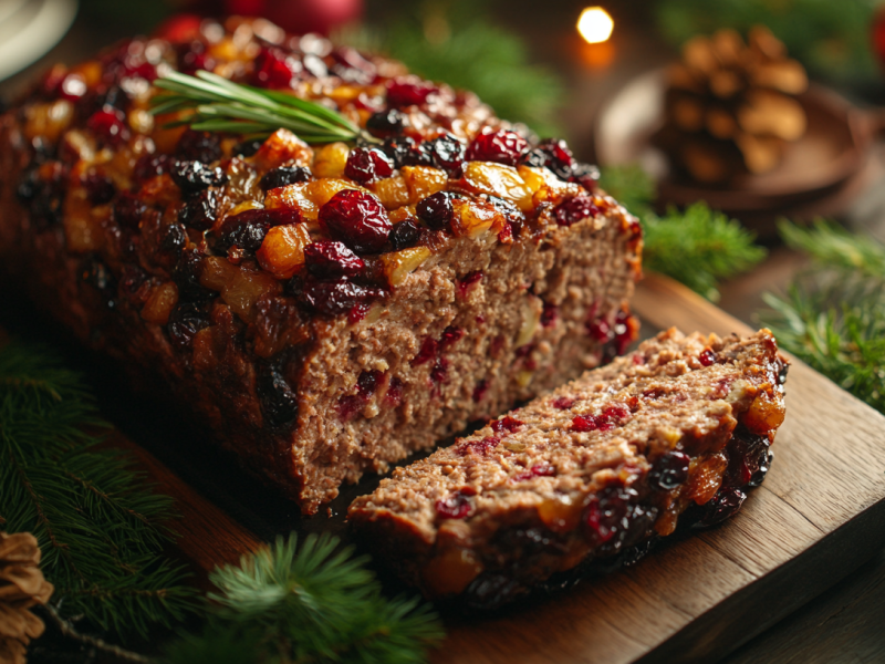 Ein angeschnittener Hackbraten mit Cranberrys und Äpfeln, Nahaufnahme.