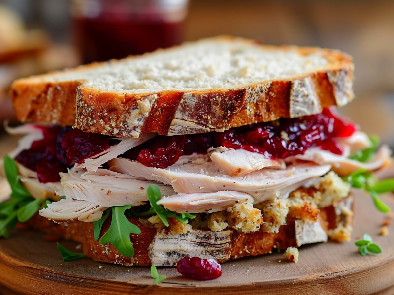 Holzbrett mit HÃ¤hnchen-Cranberry-Sandwich darauf