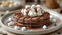 Heiße-Schokolade-Pancakes mit Marshmallow, Sahne und Schokosoße auf einem Teller.