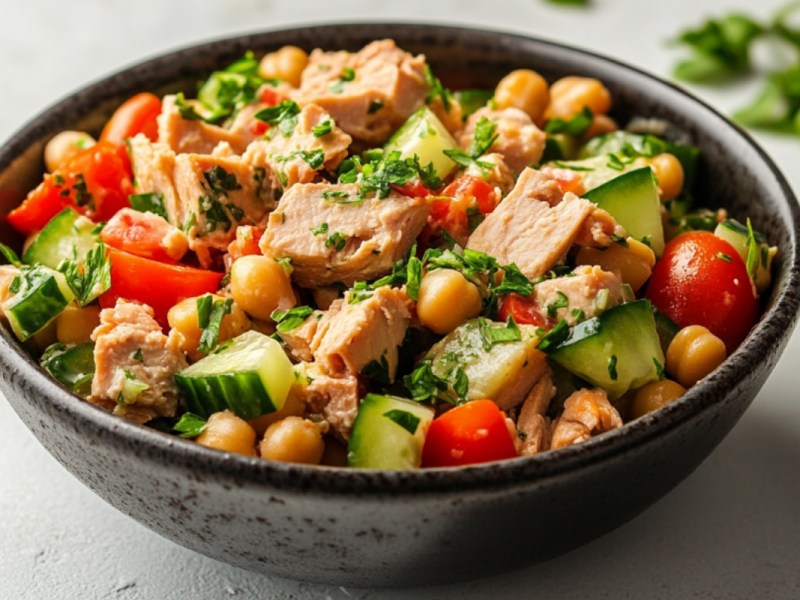 Eine Schüssel Kichererbsen-Thunfisch-Salat.