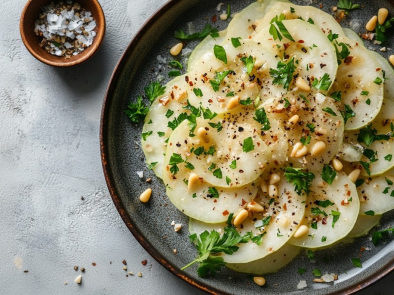 Ein Teller Kohlrabi-Carpaccio in der Draufsicht.