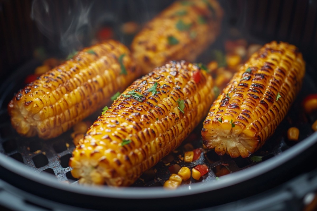 Mehrere Maiskolben in einem Airfryer.