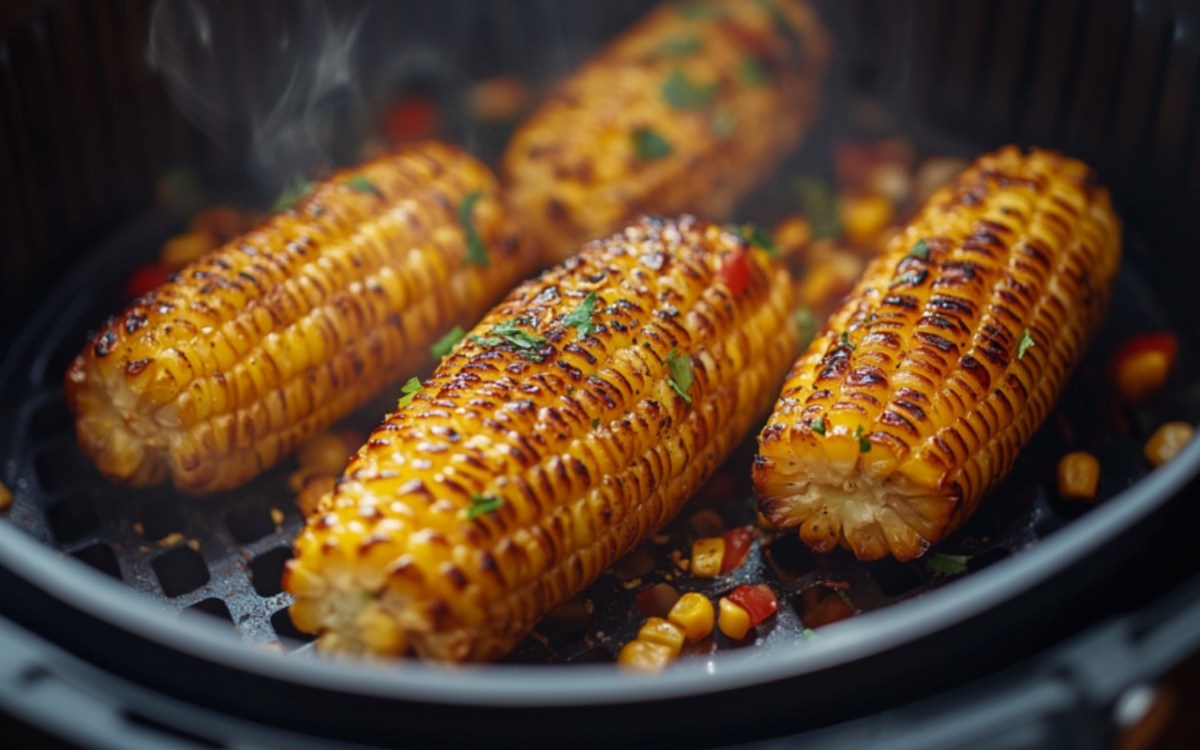 Mehrere Maiskolben in einem Airfryer.