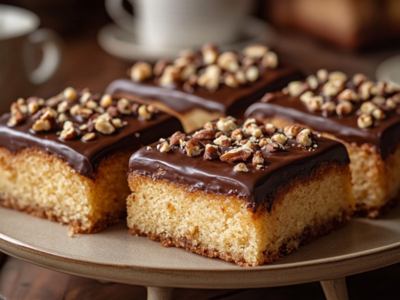 Vier StÃ¼cke Nusskuchen vom Blech mit Schokoglasur.