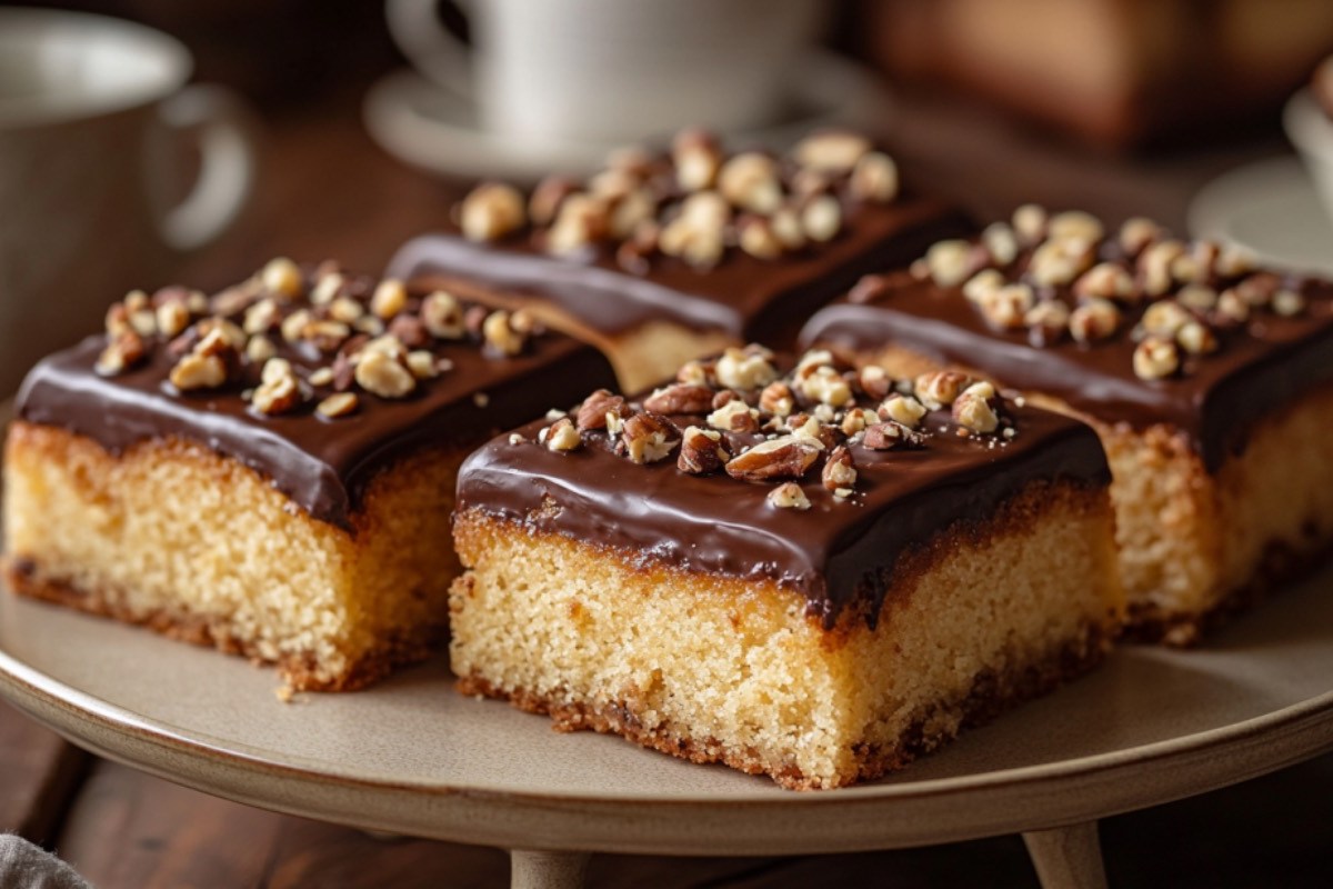 Vier Stücke Nusskuchen vom Blech mit Schokoglasur.