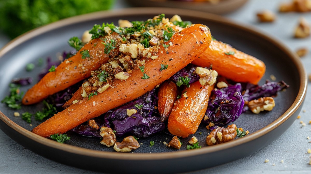 Teller mit Ofenkarotten mit Rotkohl und NÃ¼ssen