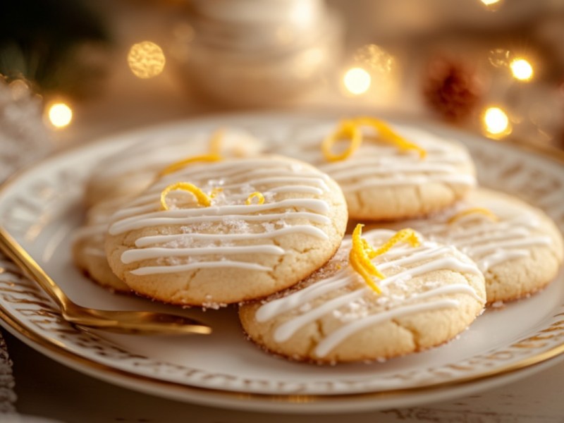 Einige Orangenplätzchen auf einem Teller. Im Hintergrund ist Weihnachtsdeko zu sehen.