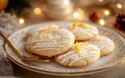 Einige Orangenplätzchen auf einem Teller. Im Hintergrund ist Weihnachtsdeko zu sehen.