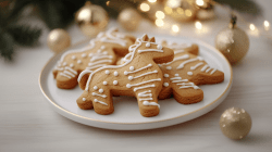 Ein Teller Pepparkakor, schwedische Gewürzplätzchen, in Form von Pferden. Drumherum etwas Weihnachtsdeko.