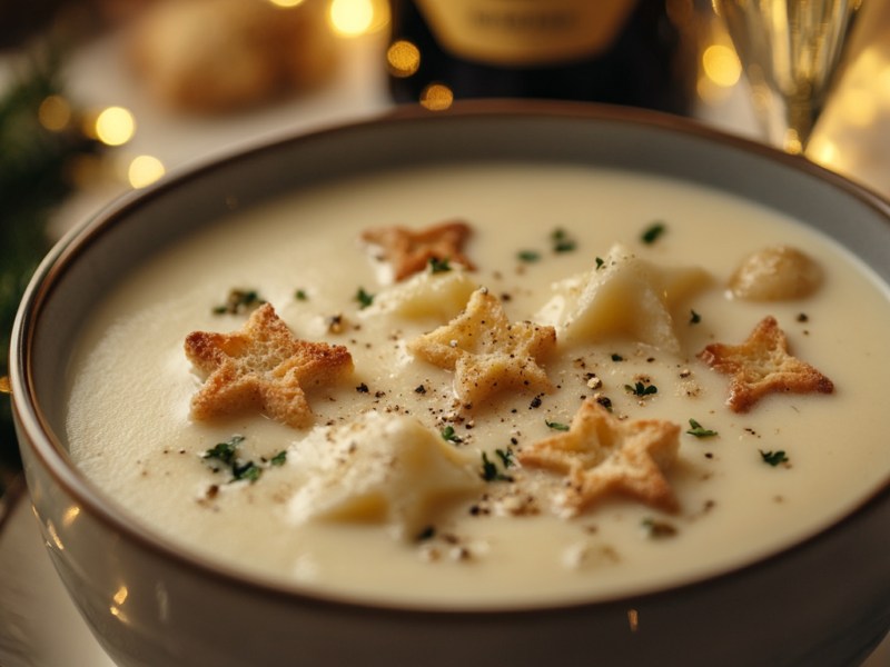 Schale mit Prosecco-Schaumsuppe mit CroÃ»ton-Sternen