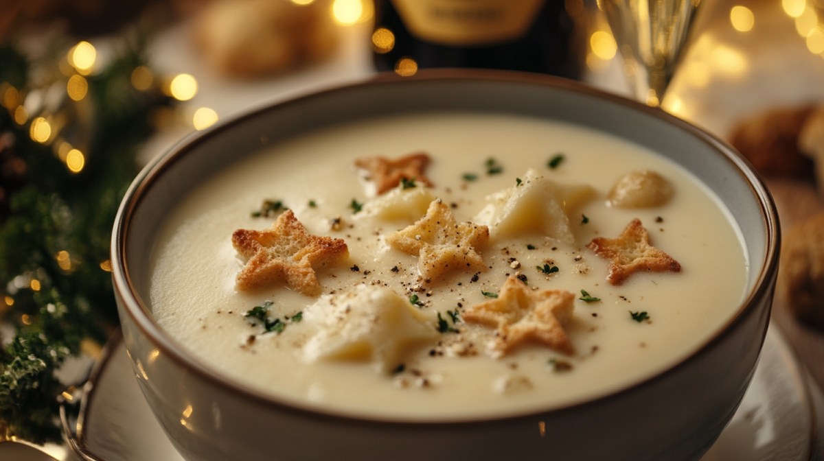 Schale mit Prosecco-Schaumsuppe mit CroÃ»ton-Sternen