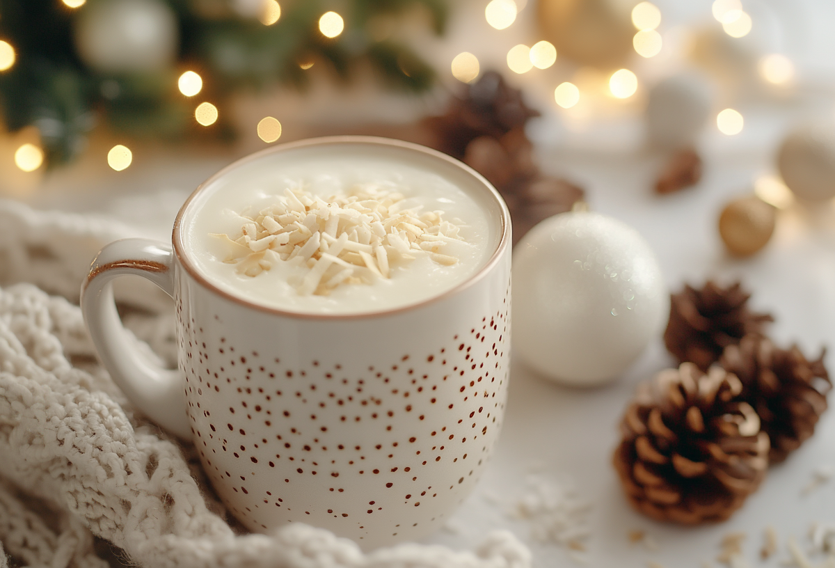 Eine Tasse Raffaello-Punsch, drum herum weihnachtliche Deko.