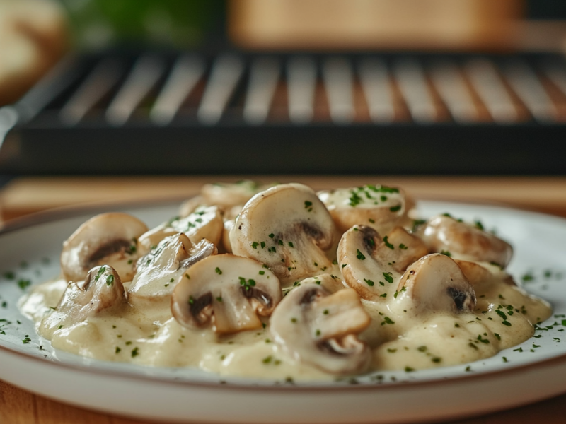 Ein Teller Rahmchampignons vom Raclette, im Hintergrund unscharf ein Raclettegrill.