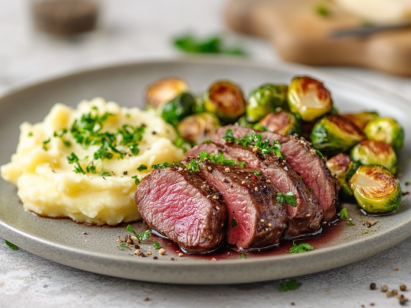 Rehrücken mit Kartoffelpüree und Rosenkohl auf einem Teller.