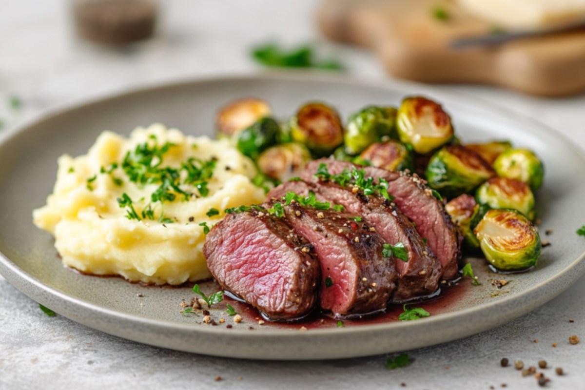 Rehrücken mit Kartoffelpüree und Rosenkohl auf einem Teller.