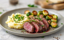 Rehrücken mit Kartoffelpüree und Rosenkohl auf einem Teller.