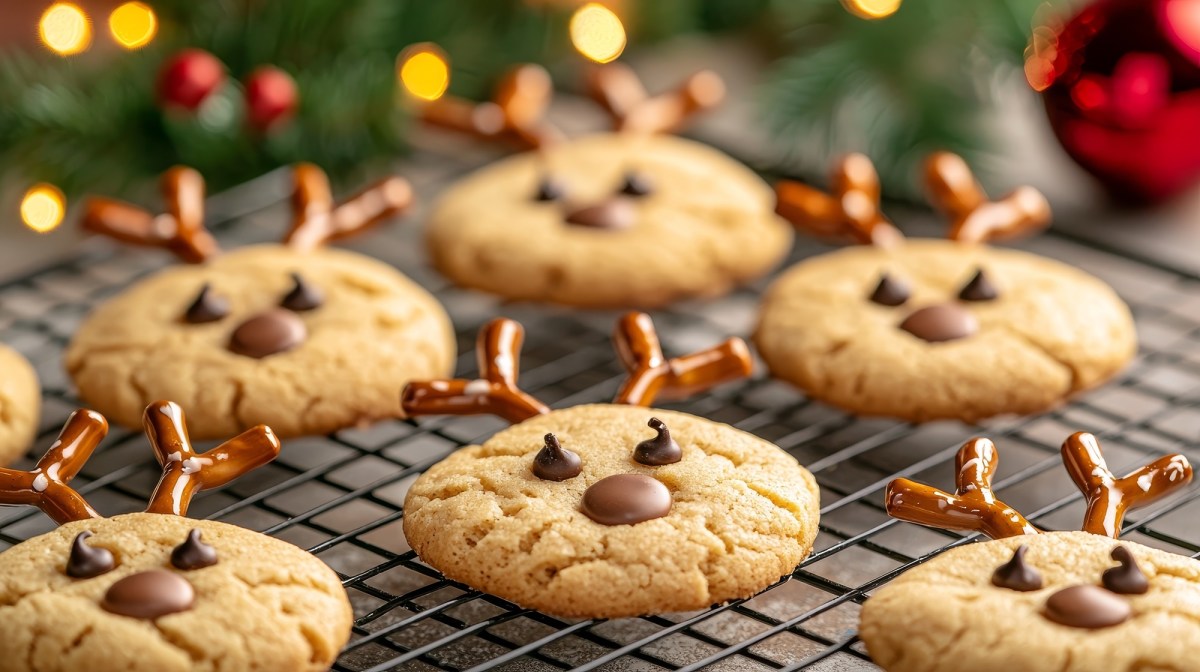 Ein Kuchengitter mit Rentier-Cookies, runde Kekse mit dekoriertem Gesicht und Salzstangen-Geweih.