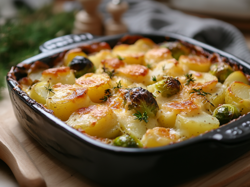 Rosenkohl-Kartoffelauflauf mit KÃ¤se Ã¼berbacken in dunkler Auflaufform.