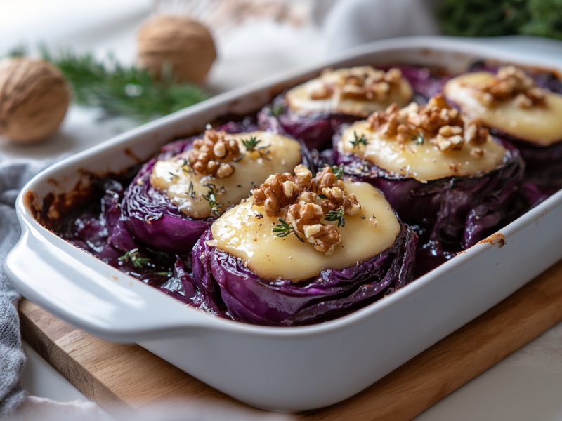 Rotkohlsteaks mit Camembert Ã¼berbacken und WalnÃ¼ssen bestreut in einer Auflaufform.