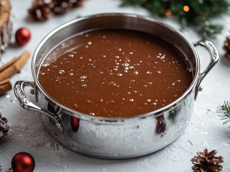 Schnelle BratensoÃŸe in einem Topf, umringt von Weihnachtsdeko.