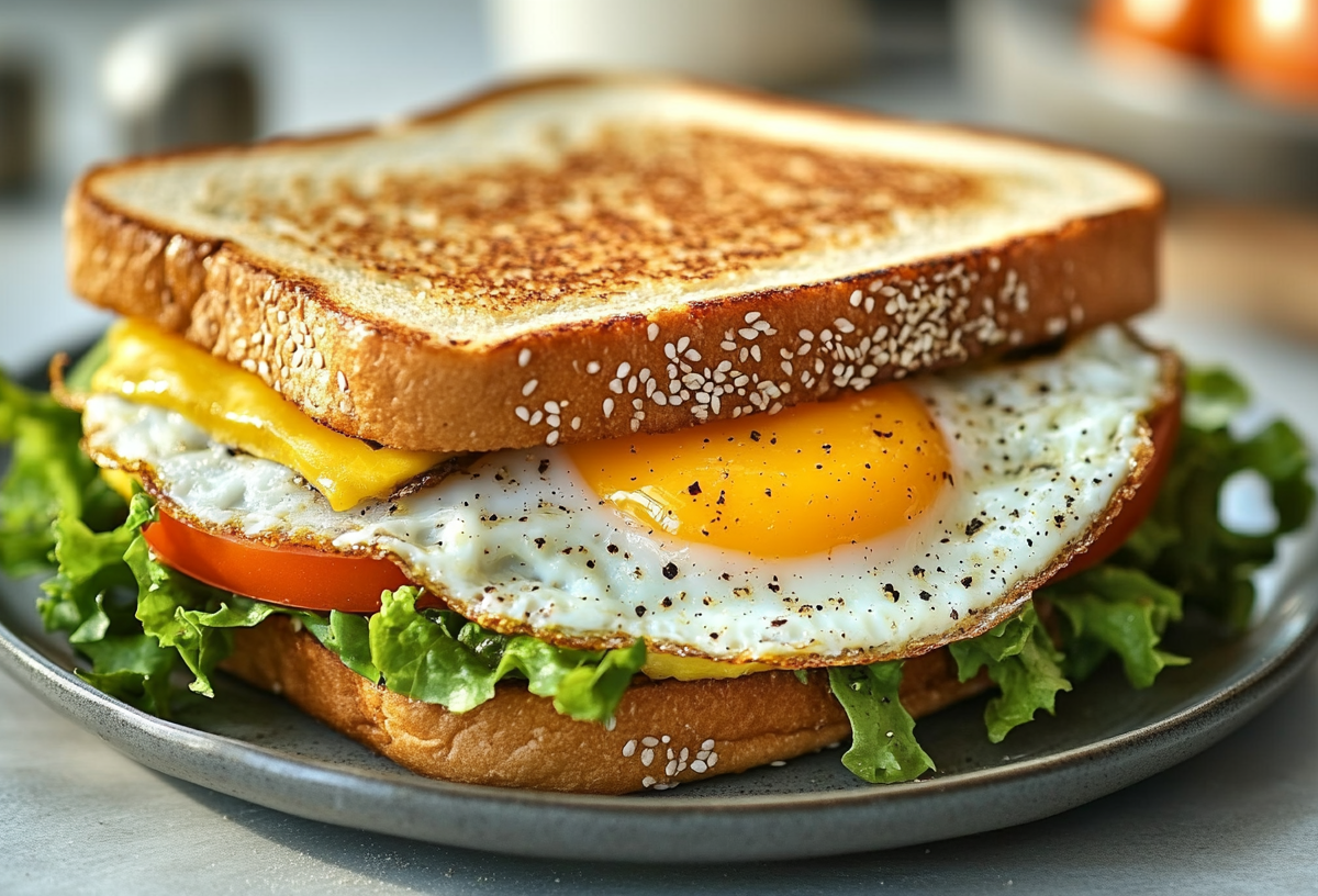 Ein Spiegelei-Sandwich mit Käse, Salat und Tomate auf einem Teller. Nahaufnahme.