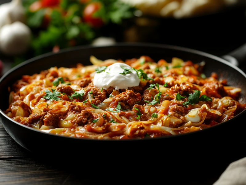 Eine Spitzkohlpfanne mit Hackfleisch garniert mit Schmand und Petersilie. Drumherum unscharf Zutaten.