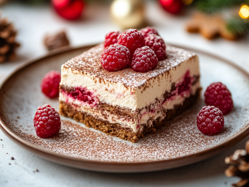 Ein Teller mit einer Portion Tiramisu mit Spekulatius und Himbeeren, drumherum etwas Weihnachtsdeko.