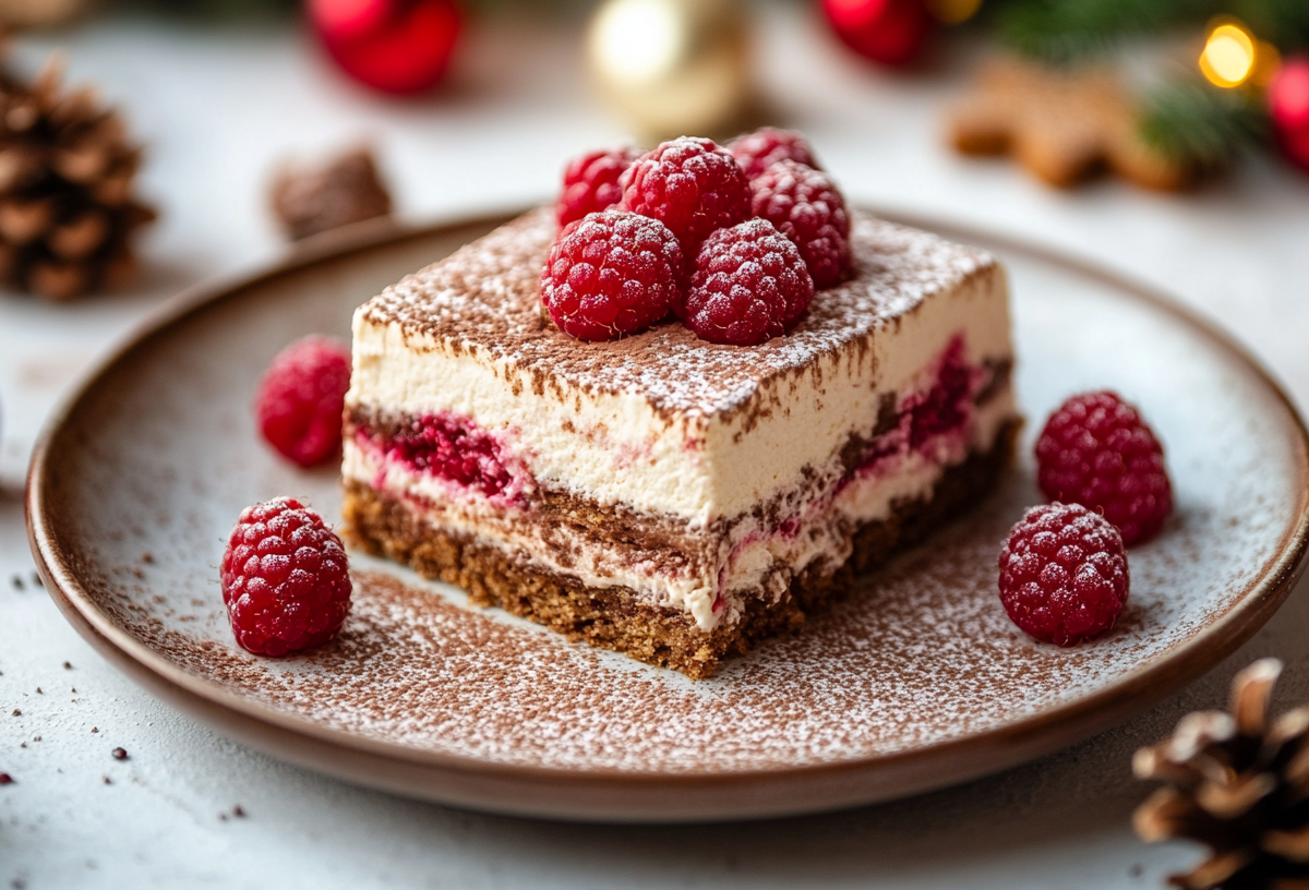 Ein Teller mit einer Portion Tiramisu mit Spekulatius und Himbeeren, drumherum etwas Weihnachtsdeko.