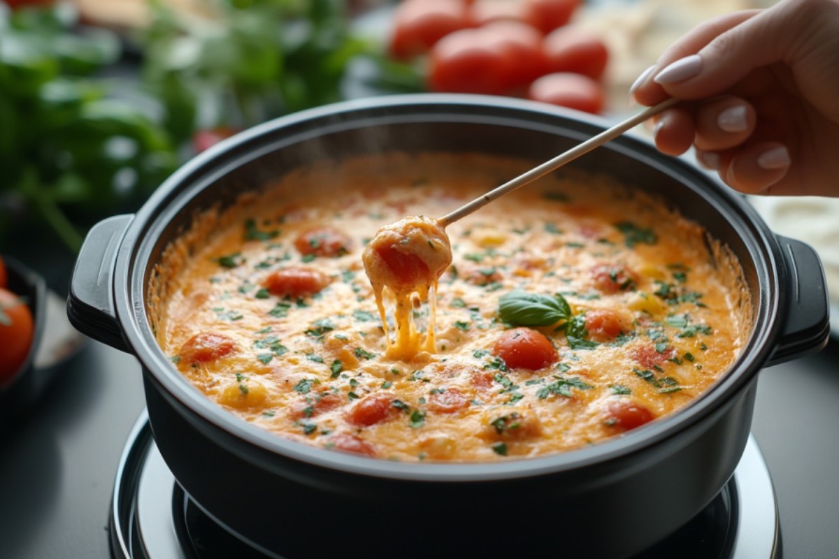 In ein Tomaten-Käse-Fondue wird eine Gabel mit Brot getunkt.