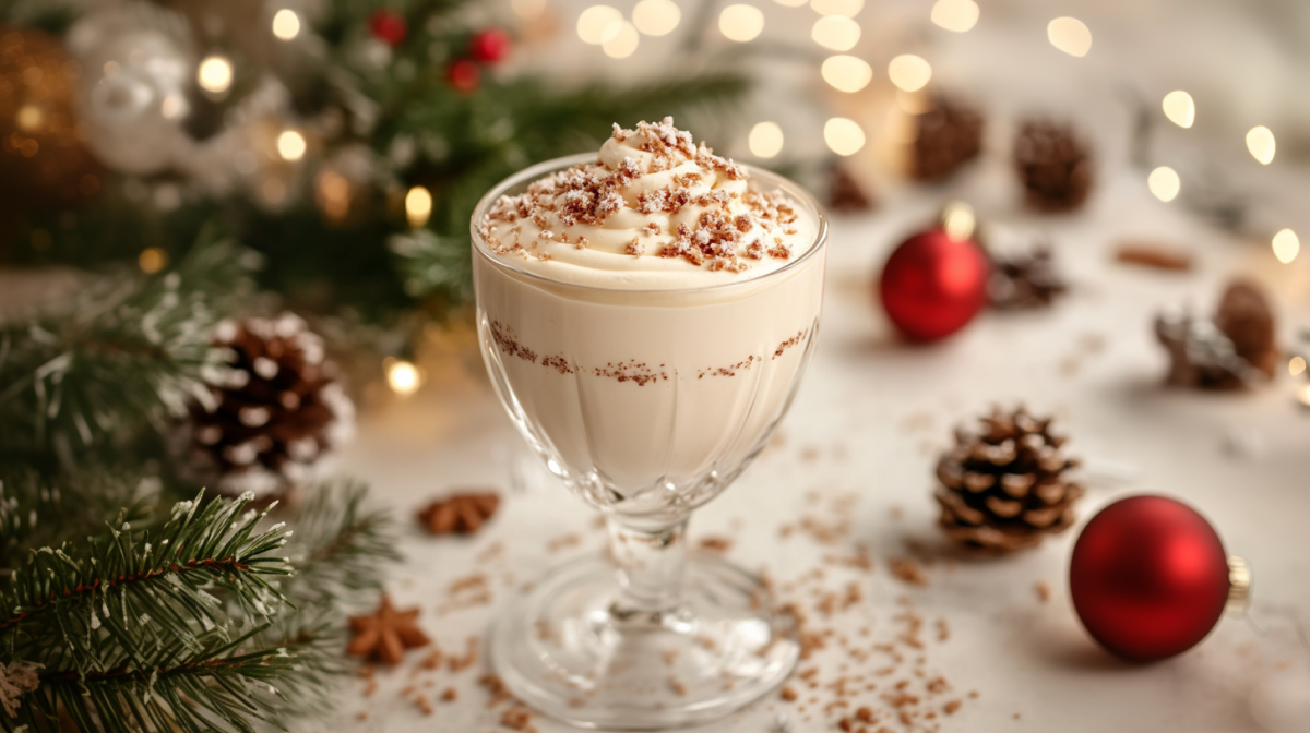 Ein Glas Vanillekipferl-Mousse mit KekskrÃ¼meln bestreut, daneben Weihnachtsdeko.