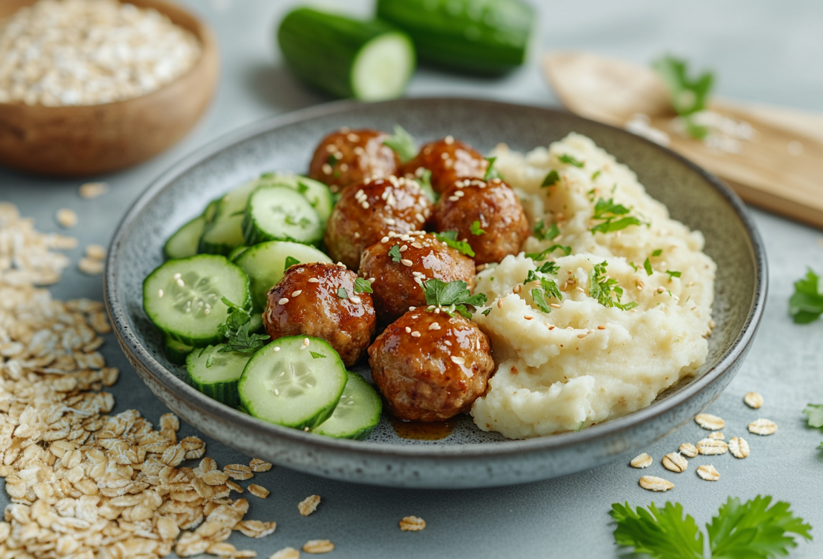 ein Teller mit veganen Frikadellen, Gurkensalat und Kartoffelbrei, drumherum Zutaten wie Haferflocken und Petersilie.