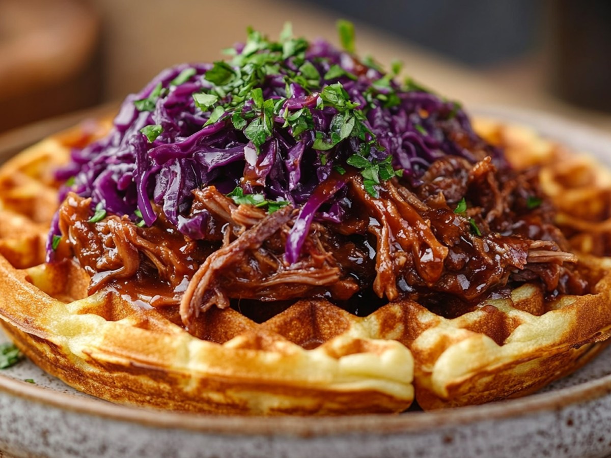 Waffeln mit Ente und Rotkohl