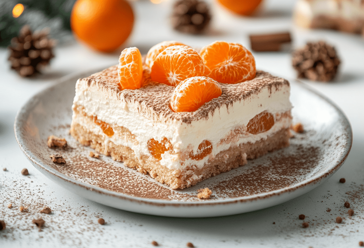 ein Stück Weihnachts-Tiramisu mit Mandarinen auf einem Teller, drumherum Weihnachtsdeko.