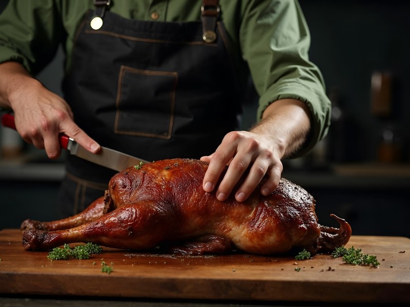 Weihnachtsgans zerlegen: Ein Koch zerteilt eine Gans.