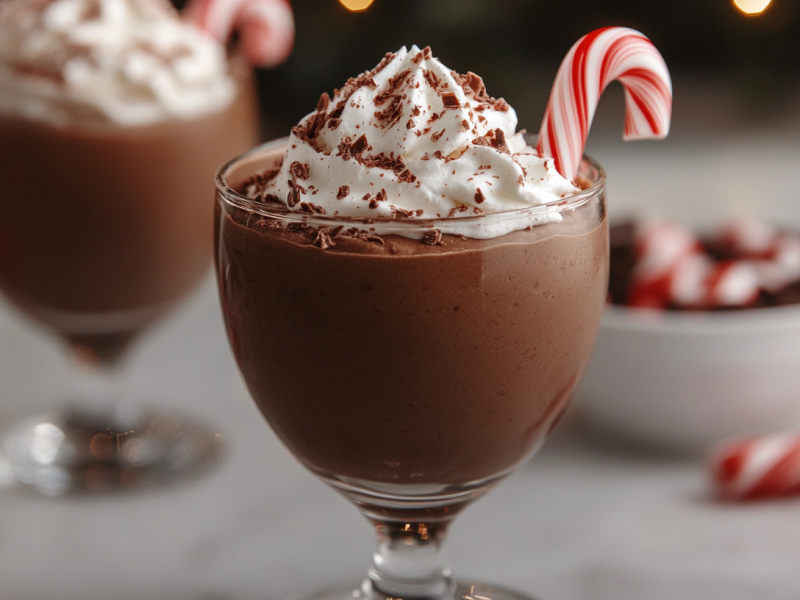 Zwei Gläser Weihnachtsmousse mit Schokolade, garniert mit einer Zuckerstange und Sahne.