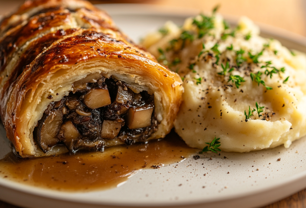 Ein Teller mit Wellington-Braten mit PilzfÃ¼llung, KartoffelpÃ¼ree und SoÃŸe.