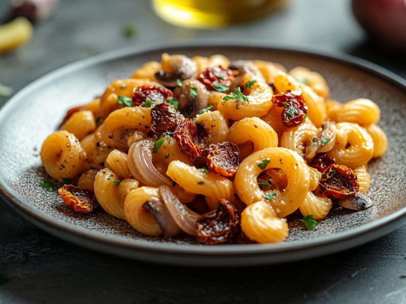 Ein Teller Zwiebelpasta mit getrockneten Tomaten und KrÃ¤utern, drumherum unscharf einige Zutaten.