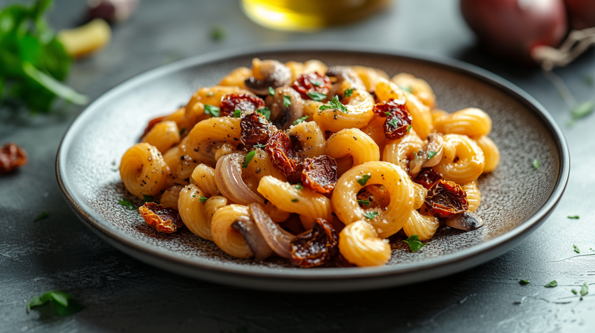 Ein Teller Zwiebelpasta mit getrockneten Tomaten und KrÃ¤utern, drumherum unscharf einige Zutaten.