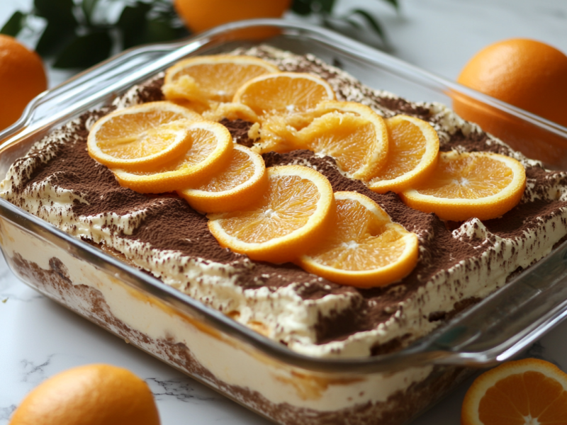 Aperol-Tiramisu in durchsichtiger Auflaufform, belegt mit Orangenscheiben.